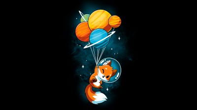 Fox, Astronaut, Planets, Solar system, Black background, 5K, 8K, Surreal