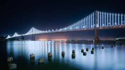 San Francisco-Oakland Bay Bridge, Night lights, Reflection, Modern, 5K, 8K