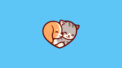 Puppy, Kitten, Love heart, Blue background, 5K, Simple