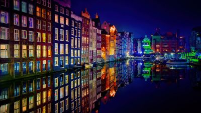 Amsterdam, Night, Colorful, Buildings, Reflection, Night City, 5K, Aesthetic, Night lights