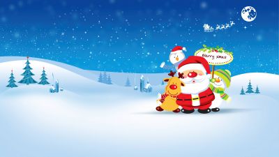 Merry Xmas, Santa Claus, Illustration, Snowman, Winter snow, Blue Sky, Reindeer Chariot, Aesthetic, Navidad, Noel