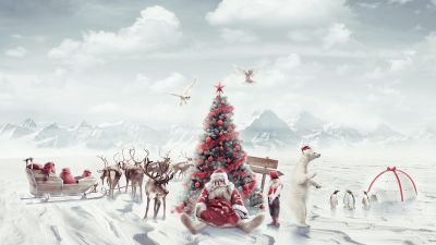 Santa Claus, Christmas tree, Penguins, Aesthetic Christmas, Winter Mountains, Reindeer Chariot, Navidad, Noel, Sleigh, December