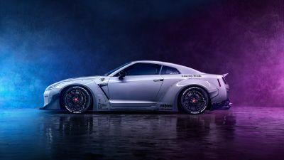 Nissan GT-R R35, Neon, Digital Art, Smoke, Dark background, Dark aesthetic