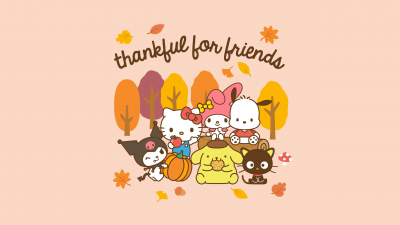 Thankful, Friends, Sanrio, Hello Kitty, Pochacco, Kuromi, Chococat, My Melody, Pompompurin, Cute cartoon, Autumn, Pastel background, 5K