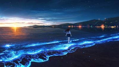 Bioluminescence, Anime girl, Alone, Sunset, Beach, Ocean, 5K