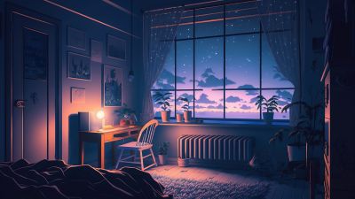 Lofi, Bedroom, Night, Window, Furniture, Painting, Aesthetic interior, 5K