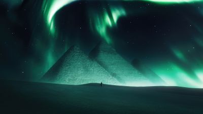 Egyptian Pyramids, Aurora sky, Dreamy, Northern Lights, Surreal, Desert, Dunes, 5K