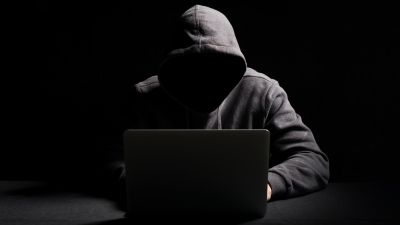 Hacker, Hacking, Hooded Man, Laptop, Dark background, 5K