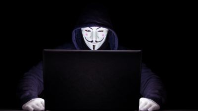 Anonymous, Laptop, Hacker, Black background, 5K, Hacking