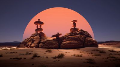 Balancing rocks, Sunset, Desert, 5K, Digital Art, Aesthetic