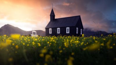 Black Church of Budir, Landscape, Iceland, Religious, Chapel, Christianity, Meadow, Sunset, Scenic, Tranquility, Isolated, Countryside, 5K