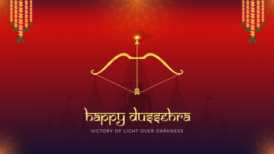 Happy Dussehra, Aesthetic, Vijayadashami, Hindu festival, Hinduism, Illustration, Darkness, Lord Rama, 5K, Red background