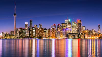 Toronto Skyline, Skyscrapers, Canada, Cityscape, Night lights, Waterfront, Dusk, Reflections, Modern architecture, Clear sky, Multicolor, 5K