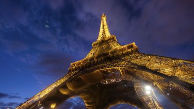 Eiffel Tower, Night lights, Paris, Lights, Sky view, Clouds, Iconic, Metal structure, 5K, France