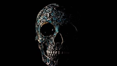 Skull, Human, Skeleton, Black background, Art, 5K