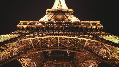 Eiffel Tower, Night view, Paris, Dark background, Night time, Lights, Low Angle Photography, Steel Structure, Iconic, 5K, France