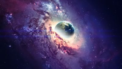 Earth, Nebula, Galaxy, Milky Way, Stars, Purple background, Cosmos, Planet