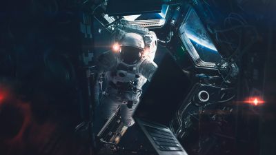 Astronaut, Space station, Laptop, Space suit, Lights