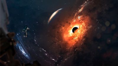 Black hole, Astronaut, Spiral galaxy, Stars, Space exploration, Orange, Space Adventure