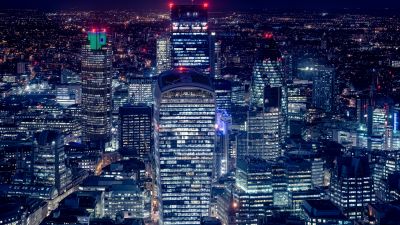 London City, Night illumination, Cityscape, Night lights, Skyscrapers, Tower 42, Gherkin, Heron Tower, Night life, Aerial, 5K, England