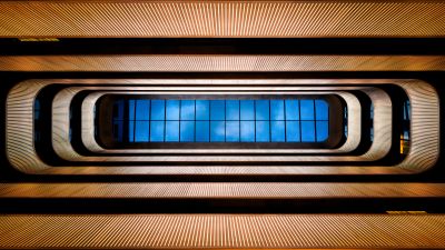 Bush Pavilion Hotel, London, Atrium, Symmetrical, Looking up at Sky, Blue, Skylight, 5K, 8K, England