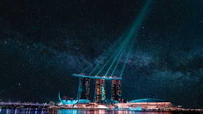 Marina Bay Sands, Night City, Hotel, Singapore, Stars, Night life, City lights, Body of Water, Reflection, Light beam, Modern architecture, Laser Lights, Astronomy, Cityscape, 5K, Dark aesthetic