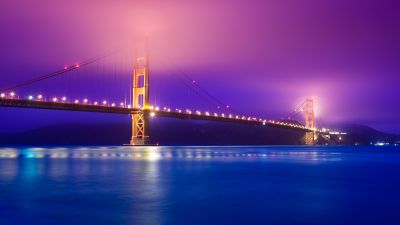 Golden Gate Bridge, 5K, San Francisco, California, Scenic, Pink sky, Blue, Body of Water, Pacific Ocean, Night lights, Reflection, Aesthetic