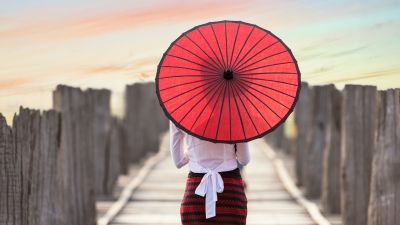 Red Umbrella, Burmese woman, Wooden pier, Girl, Traditional, Culture, Myanmar, Blur, Bridge, 5K, 8K