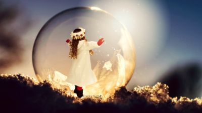 Baby girl, Child, Soap Bubble, Frozen bubble, Sunlight, Christmas, Winter, Bokeh, Xmas, Surreal, Cute Girl, 5K, December