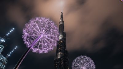 Burj Khalifa, United Arab Emirates, Dubai, Skyscraper, Modern architecture, High rise building, Dandelion flowers, Low Angle Photography, Sky view, Night time, Clouds, 5K