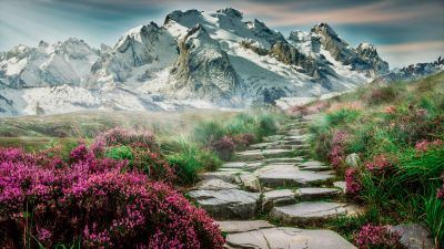 Mountains, Path, Hill, Spring, Aesthetic, Landscape, Scenery, Stone staircase, Girly, 5K