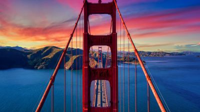 Golden Gate Bridge, Aesthetic, California, USA, Sunset, Colorful Sky, Suspension bridge, Bay Area, Famous Place, Landmark, Aesthetic, 5K