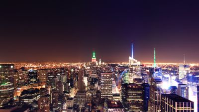 New York City, Night lights, Cityscape, City lights, Night time, City Skyline, Horizon, Long exposure, Landmark, Aerial view, Rockefeller Center