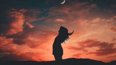 Girl, Evening sky, Silhouette, Crescent Moon, Dusk, Mood