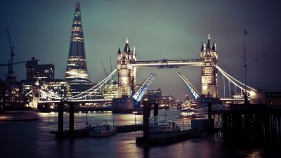 Tower Bridge, London, United Kingdom, Cityscape, City lights, Night time, Skyscrapers, Landmark, Famous Place, The Shard, Body of Water, England