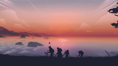 Goonies, Evening, Silhouette, Minimal art, Landscape, Panorama, Ultrawide