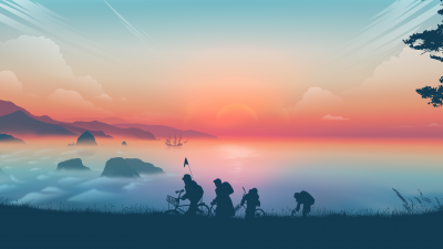 Goonies, Morning, Sunrise, Silhouette, Minimal art, Landscape, Panorama, Ultrawide