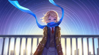 Anime girl, School uniform, Star trail, Scarf