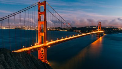 Golden Gate Bridge, Lights, San Francisco, Evening, California, Sunset, 5K