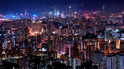 Hong Kong City Skyline, Cityscape, City lights, Night time, Skyscrapers, 5K