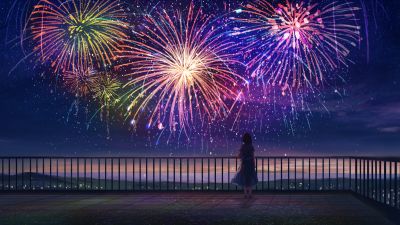 Anime girl, Fireworks, Colorful, Dream, Alone, Mood, Aesthetic