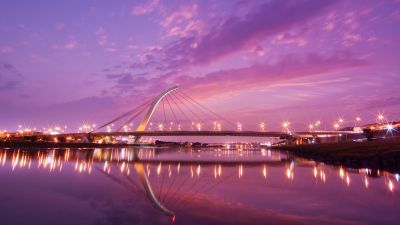 Dazhi Bridge, Taipei, Modern architecture, Sunset, Urban, Night lights, Purple sky, Pink, Taiwan, Reflection