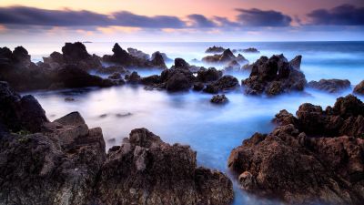 Rocky shore, Seascape, Ocean, Fog, Long exposure, Portugal, Rocks