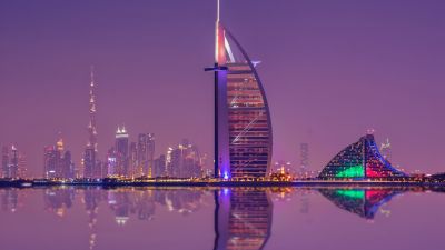 Burj Al Arab, Luxury Hotel, Cityscape, Low Angle Photography, Night lights, Waterfront, Reflection, Purple sky, Skyscrapers, 5K