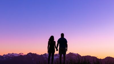 Couple, Outdoor, Silhouette, Romantic, Together, Lovers, Hands together, Sunrise, Glacier mountains, Clear sky, 5K