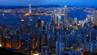 Victoria Peak, Hong Kong City Skyline, Victoria Harbour, Dusk, Blue hour, Cityscape, Skyscrapers, Aerial view, Long exposure, Night time, City lights, 5K