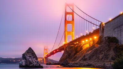 Golden Gate Bridge, San Francisco, Sunset, Lights, California, Pink sky, Foggy