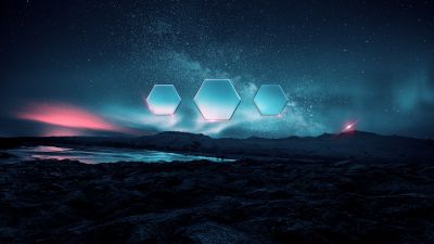 Night, Landscape, Aurora Borealis, Hexagons, Starry sky, Fusion