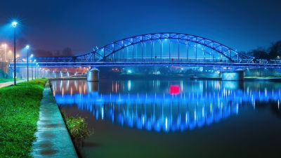 Józef Piłsudski bridge, Kraków, Poland, Night lights, Cityscape