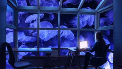 Jellyfishes, WFH, Aesthetic, Underwater, Woman, Working, Work from Home, Window, Laptop, Surreal, Desk, 3D background, Ocean